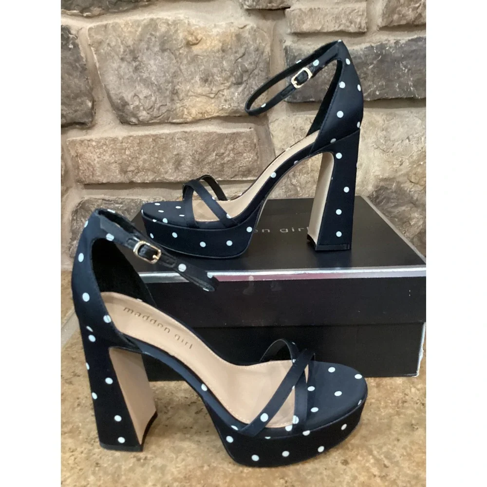 Madden Girl Womens Size 6 Cady Black White Polka Dot Platform Block Heels New